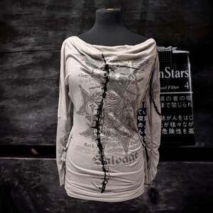 Salvage Graphic Print Grommet Detail Cowl Neck Long Sleeve Top Size XS